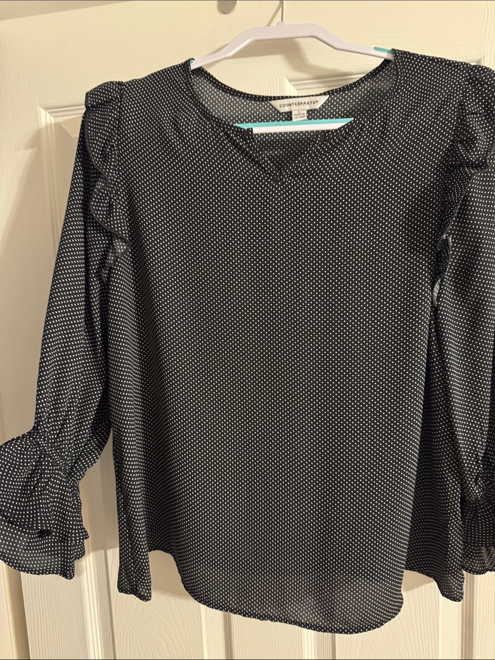 Counterparts Black Microdot Long-Sleeve Ruffle Blouse
